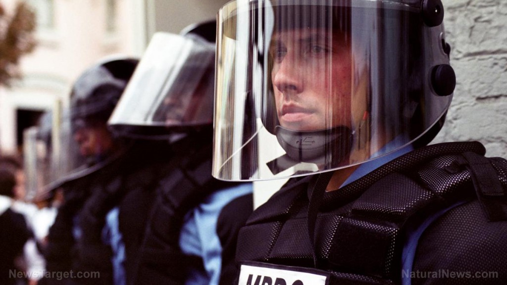 police in riot gear stand at attention